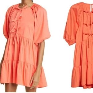 5a7 Cinq A Sept dress 2 coral red cotton babydoll mini puff sleeve bow new $325